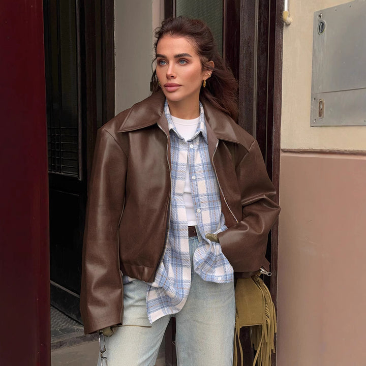 Damen moderne cropped Lederjacke mit übergroßem Kragen Drune