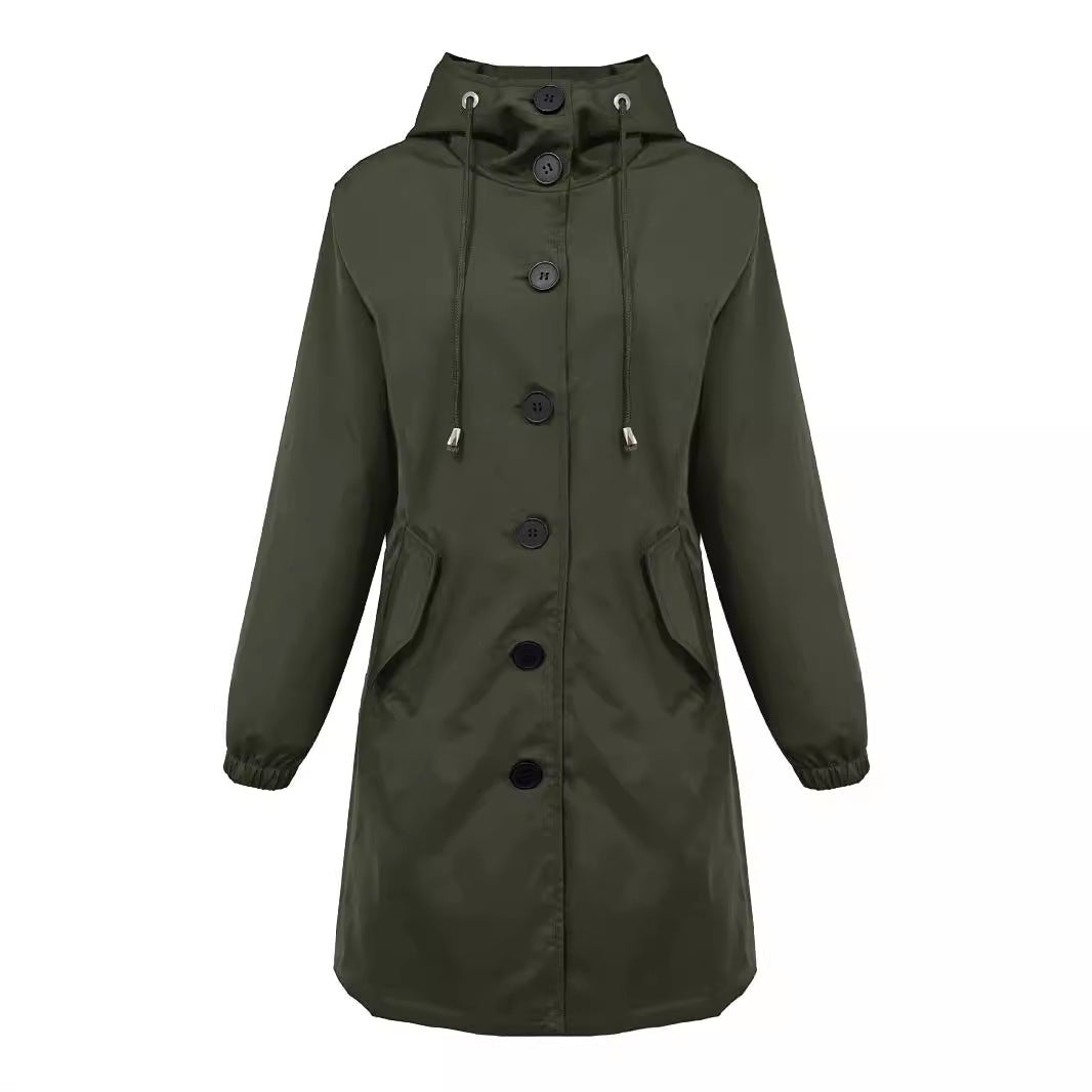 Damen nan leichter Regenparka mit Kapuze, überlanger Knopfleiste, Tunnelzug und aufgesetzten Taschen Drune