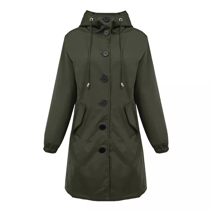 Damen nan leichter Regenparka mit Kapuze, überlanger Knopfleiste, Tunnelzug und aufgesetzten Taschen Drune