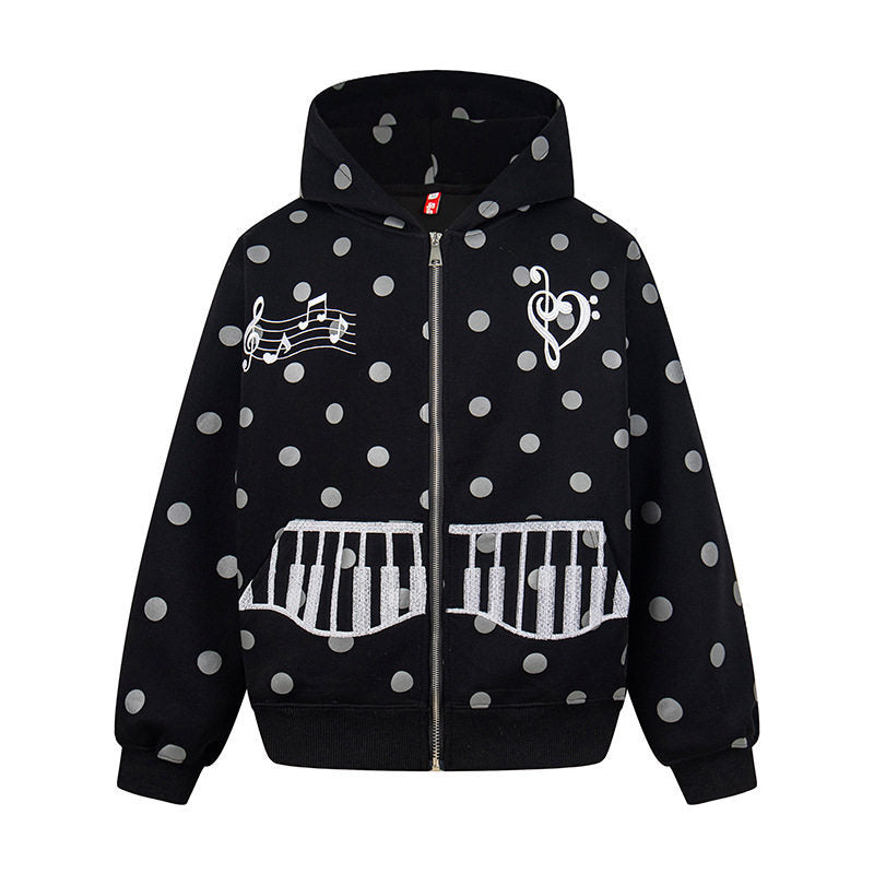 Damen Kapuzen-Sweatjacke im Retro-Punkte-Look mit gestickten Klavier-Taschen und Noten-Emblem Drune