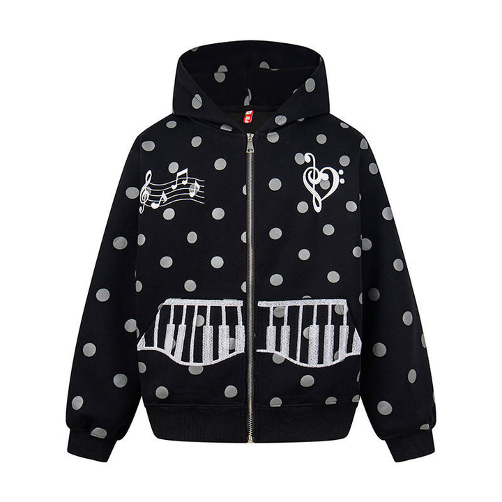 Damen Kapuzen-Sweatjacke im Retro-Punkte-Look mit gestickten Klavier-Taschen und Noten-Emblem Drune
