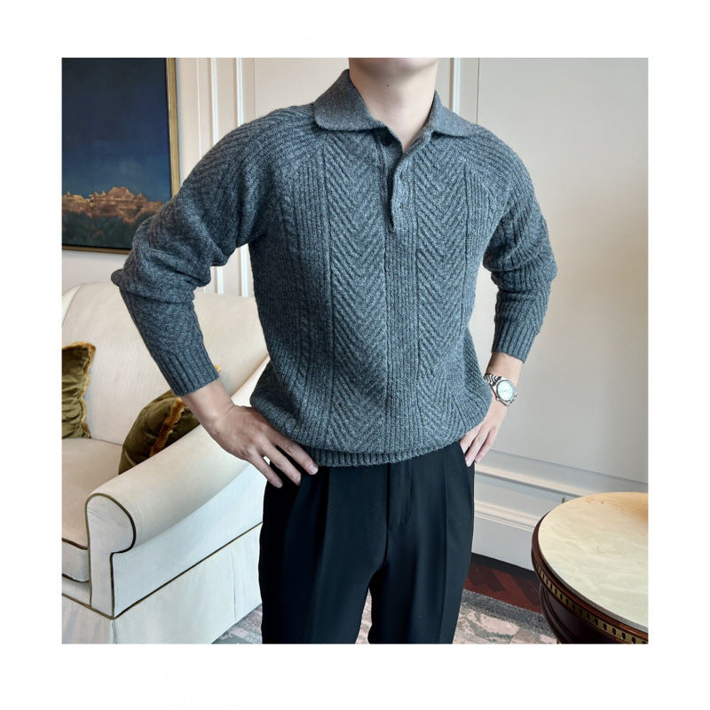 Herren Polokragen-Zopfstrick-Pullover mit halber Knopfleiste Drune