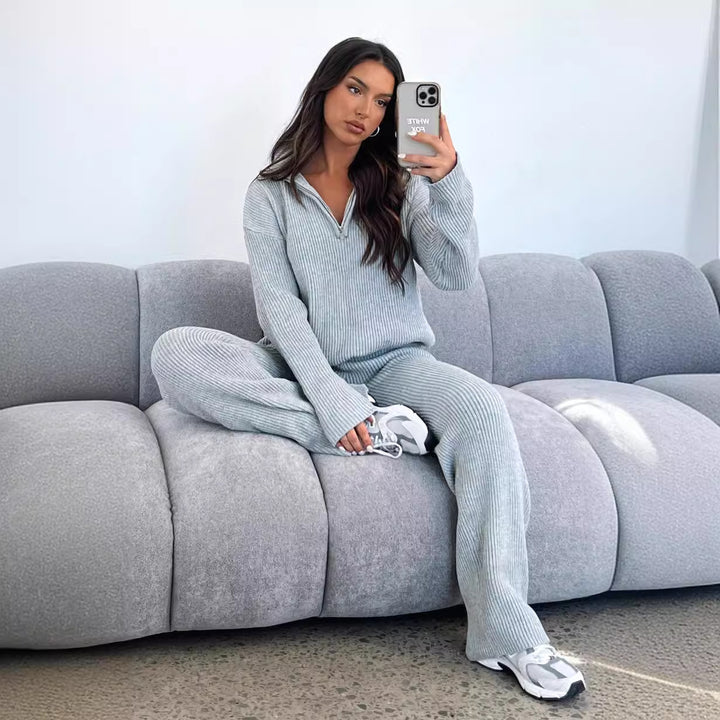 Damen Geripptes Strick-Lounge-Set mit halbem Reißverschluss und weiter Palazzohose Drune