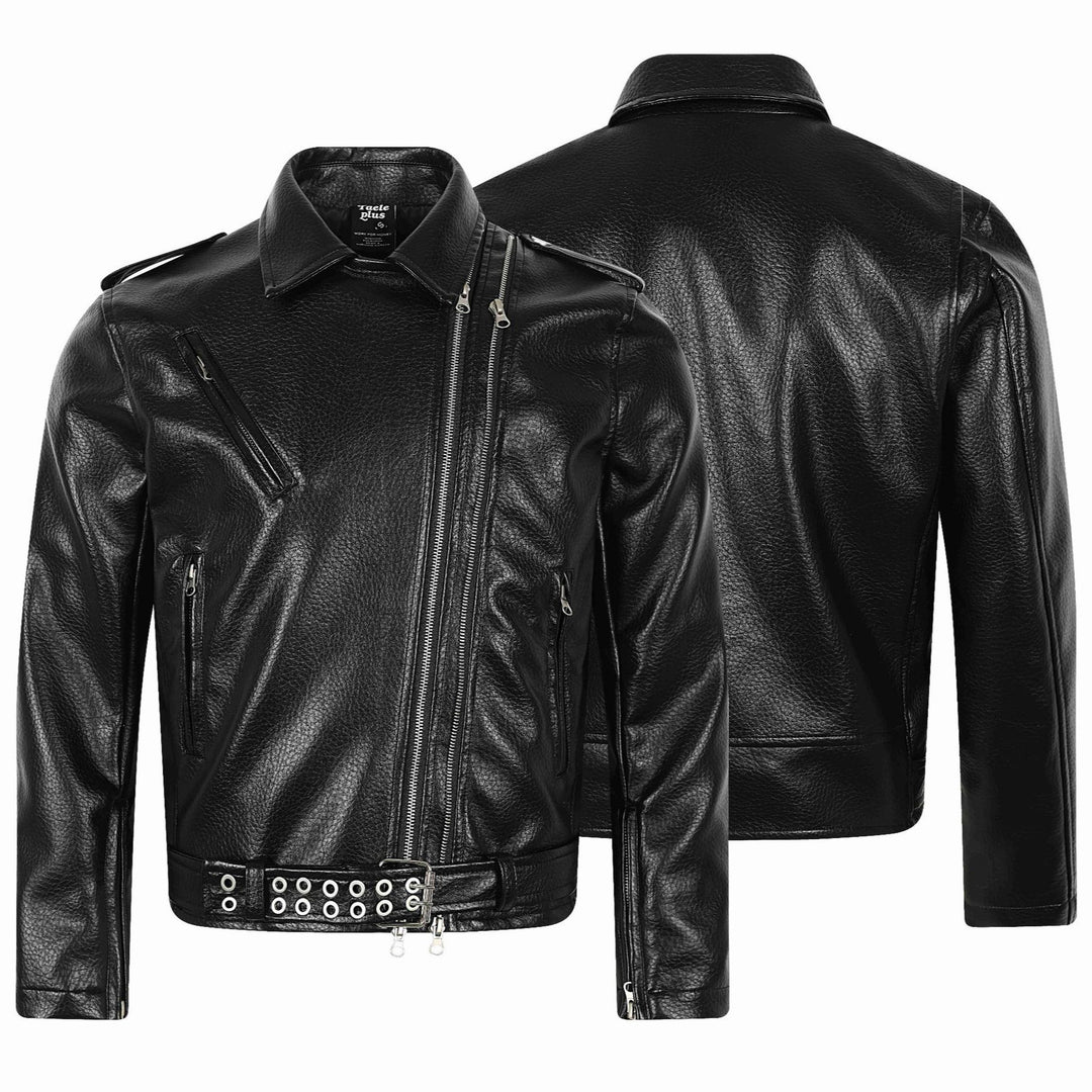 Herren Asymmetrische Bikerjacke aus Kunstleder mit Nietenbund und mehrfachen Reißverschlüssen Drune