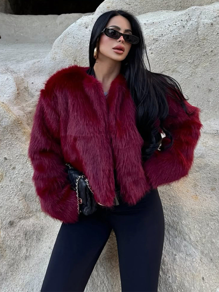 Damen Kurz geschnittener Boxy Kunstfell-Bomber mit voluminösem Schalkragen Drune