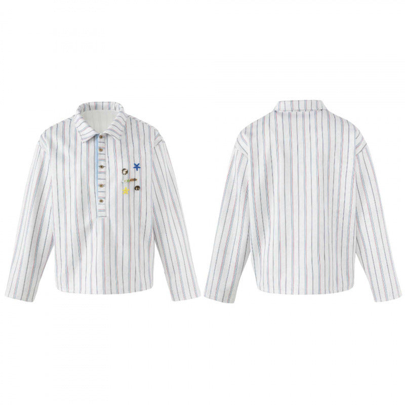 Unisex Gestreiftes Overshirt mit Henley-Knopfleiste und dekorativen Ansteck-Details Drune
