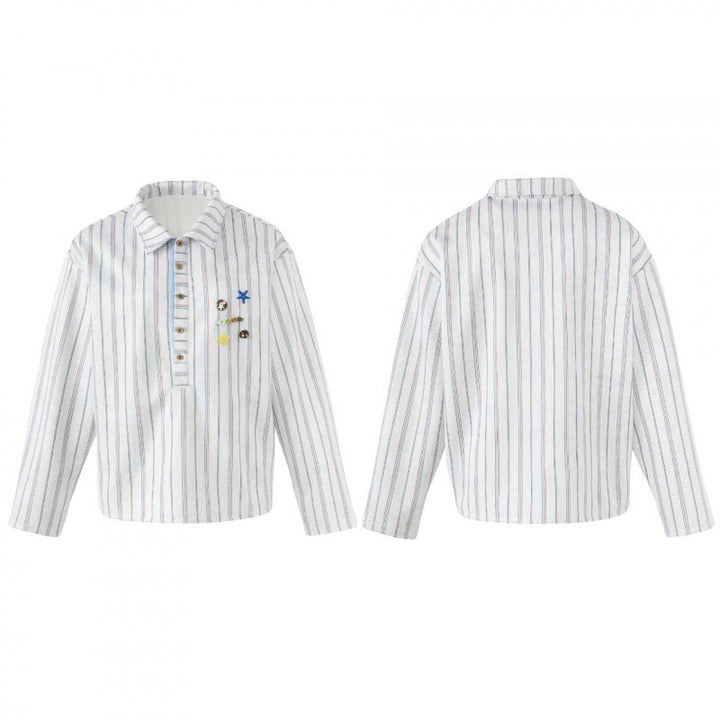 Unisex Gestreiftes Overshirt mit Henley-Knopfleiste und dekorativen Ansteck-Details Drune