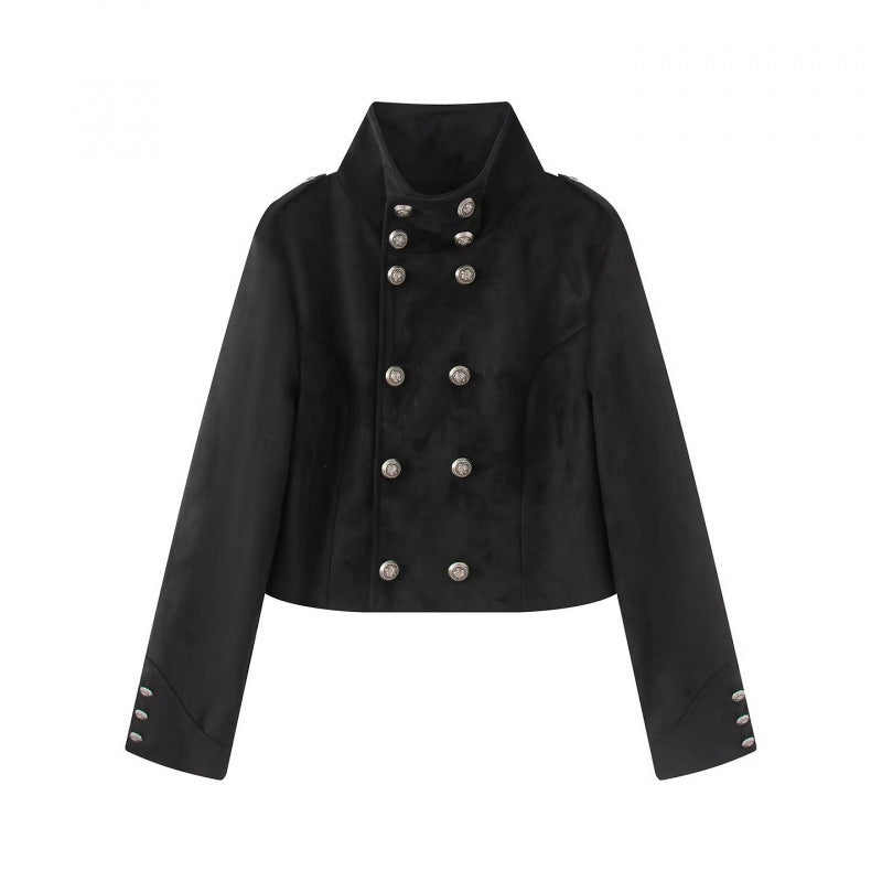 Damen Kurzgeschnittene Taillierte Militärblousonjacke mit hohem Stehkragen, doppelreihigen Metallknöpfen und Schulterriegeln Drune
