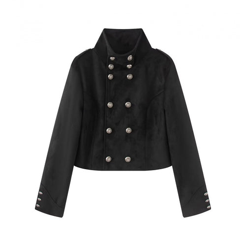 Damen Kurzgeschnittene Taillierte Militärblousonjacke mit hohem Stehkragen, doppelreihigen Metallknöpfen und Schulterriegeln Drune