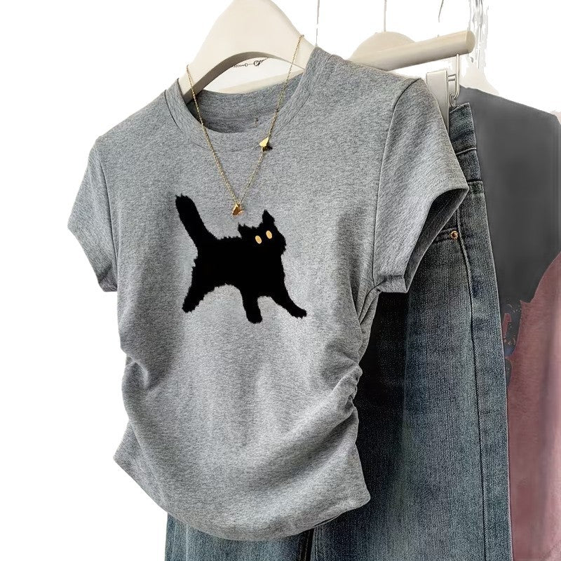 Damen T-Shirt mit kreativem Katzenmotiv und lässigem Schnitt Drune