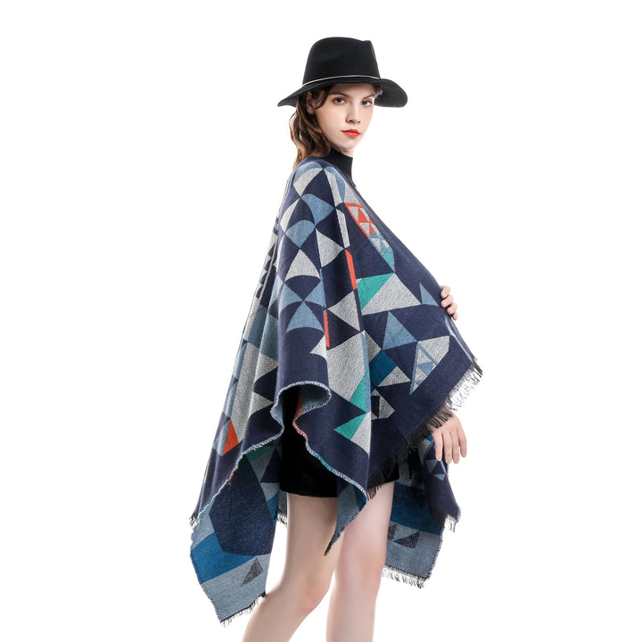 Damen Oversize-Ruana im Jacquard-Wickelstil mit dreieckigem Muster und Fransensaum Drune