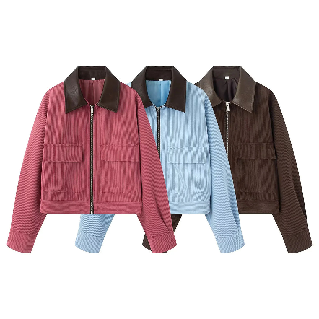 Damen nan kurz geschnittene Cordjacke mit kontrastierendem Kragen, verdecktem Reißverschluss und aufgesetzten Klappentaschen Drune