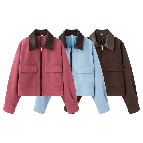 Damen nan kurz geschnittene Cordjacke mit kontrastierendem Kragen, verdecktem Reißverschluss und aufgesetzten Klappentaschen Drune