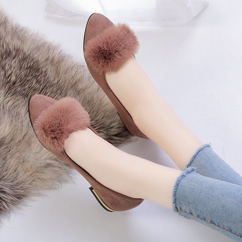Damen nan spitze Ballerina mit Kunstvelours-Obermaterial, Kunstfell-Pompon und metallischer Absatzapplikation Drune