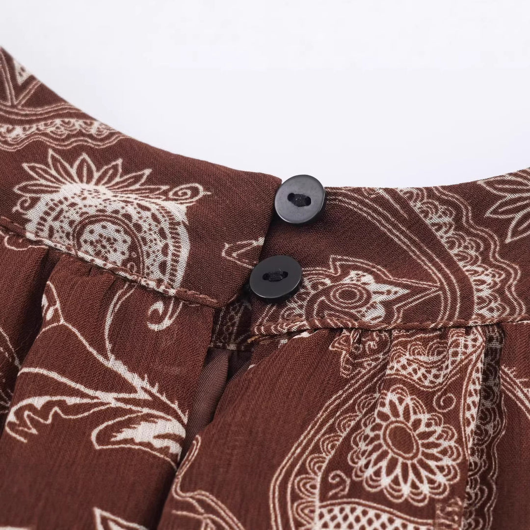 Damen Asymmetrisches Paisley‑Chiffon‑Minikleid mit Ballonärmeln und Taillengürtel Drune