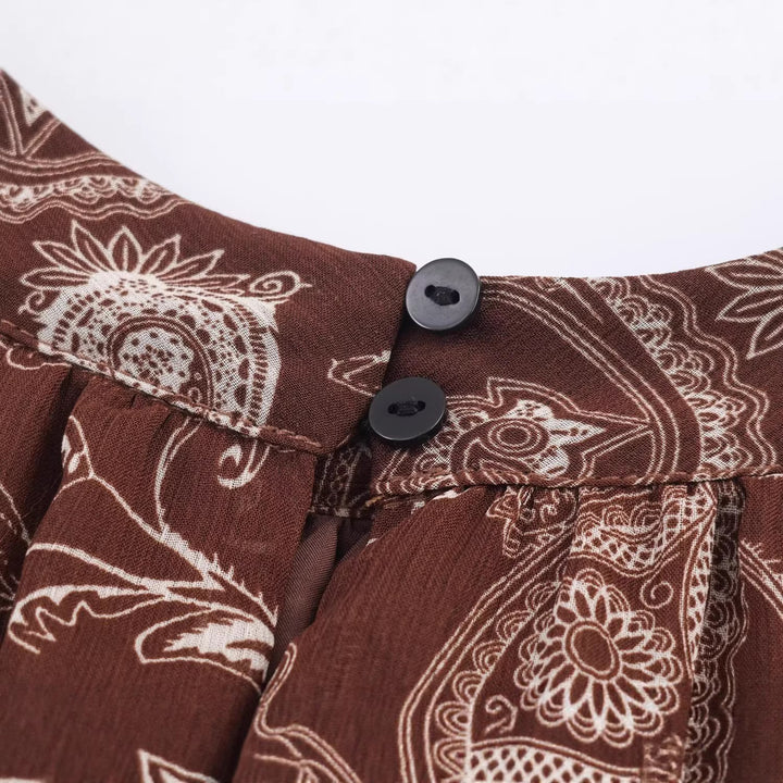 Damen Asymmetrisches Paisley‑Chiffon‑Minikleid mit Ballonärmeln und Taillengürtel Drune