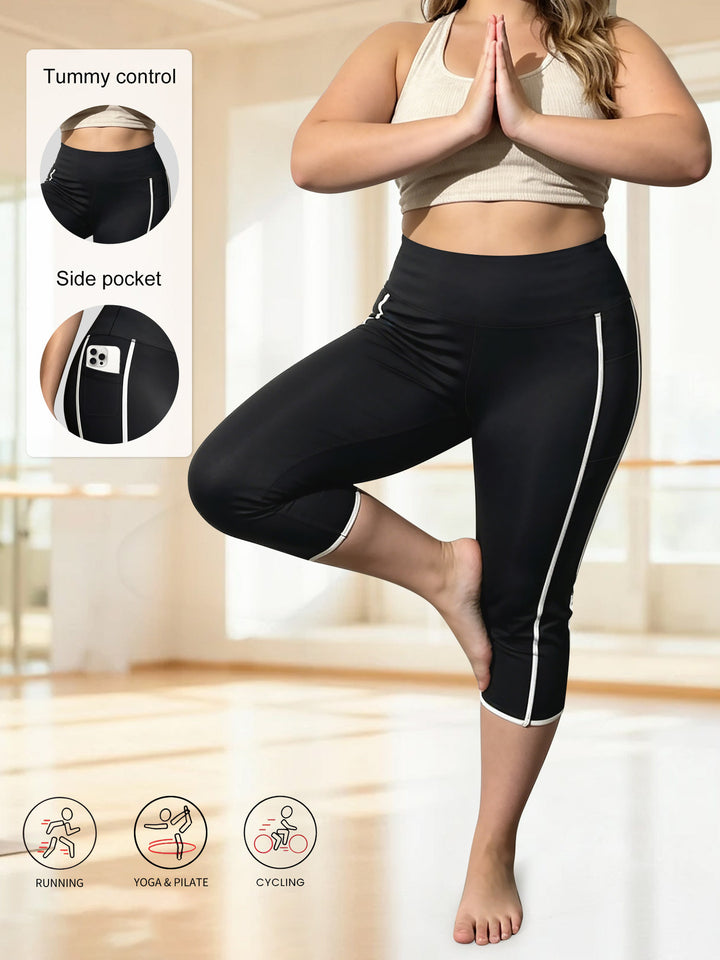 Damen Capri-Sportleggings mit hoher Taille, Bauchkontrolle und seitlicher Smartphone-Tasche Drune