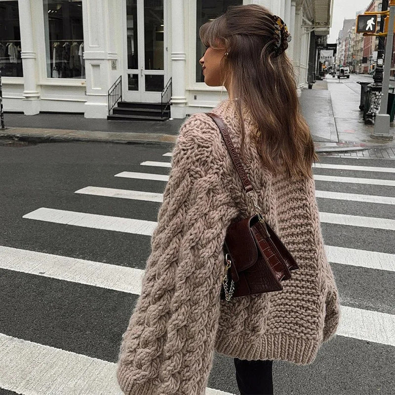 Damen Oversized Strickpullover mit strukturiertem Zopfdesign Drune