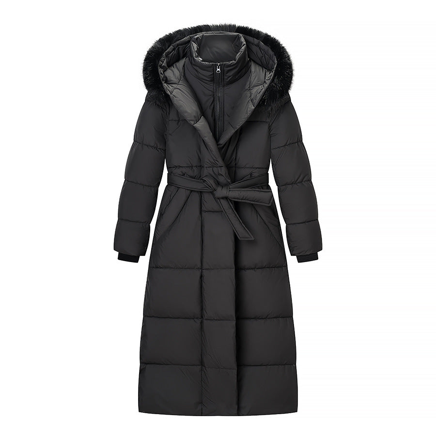 Damen Wattierter Longline-Mantel mit Kapuze und Taillengürtel Drune