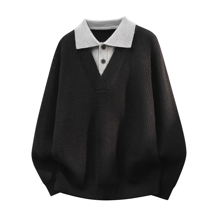 Herren Grobstrick-Pullover mit tiefem V-Ausschnitt und kontrastierendem Polokragen Drune