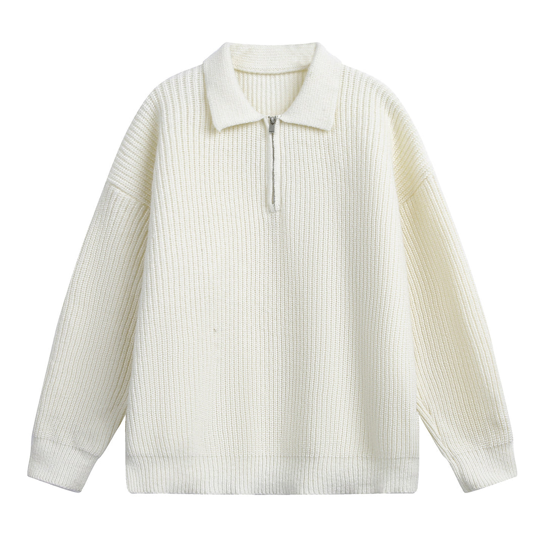 Unisex Boxy-Rippenpullover mit Polokragen und kurzem Metall-Halbzip Drune