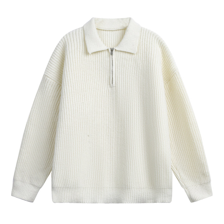 Unisex Boxy-Rippenpullover mit Polokragen und kurzem Metall-Halbzip Drune