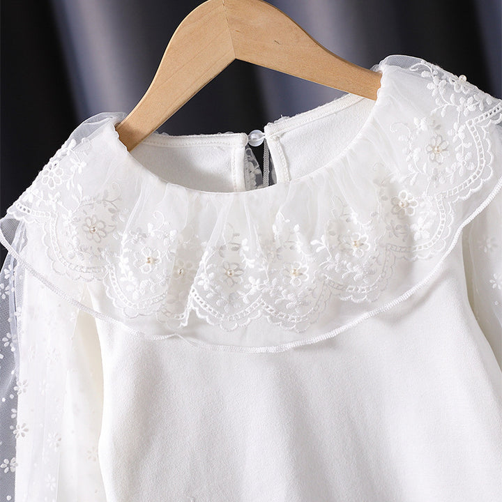 Mädchen Bluse mit floralem Tüllkragen und eleganten Puffärmeln Drune