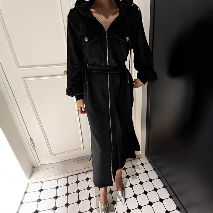 Damen Langes Kapuzen‑Sweatkleid mit Reißverschluss, Pattentaschen, Ballonärmeln und Seitenschlitzen Drune