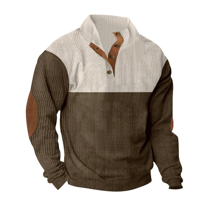 Herren nan gerippter Pullover mit Stehkragen, Knopfleiste und Ellbogen-Patches Drune