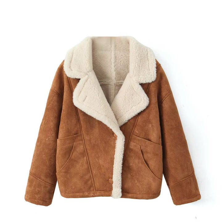 Damen Kurzgeschnittene Fliegerjacke aus Veloursimitat mit Teddyfutter und großem Revers Drune