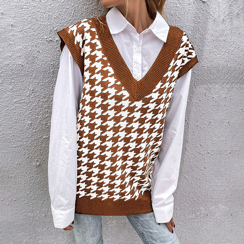 Damen Oversize Strickweste mit Hahnentritt‑Muster und tiefem V‑Ausschnitt Drune