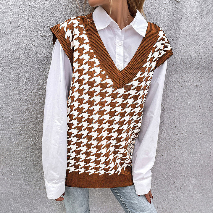 Damen Oversize Strickweste mit Hahnentritt‑Muster und tiefem V‑Ausschnitt Drune