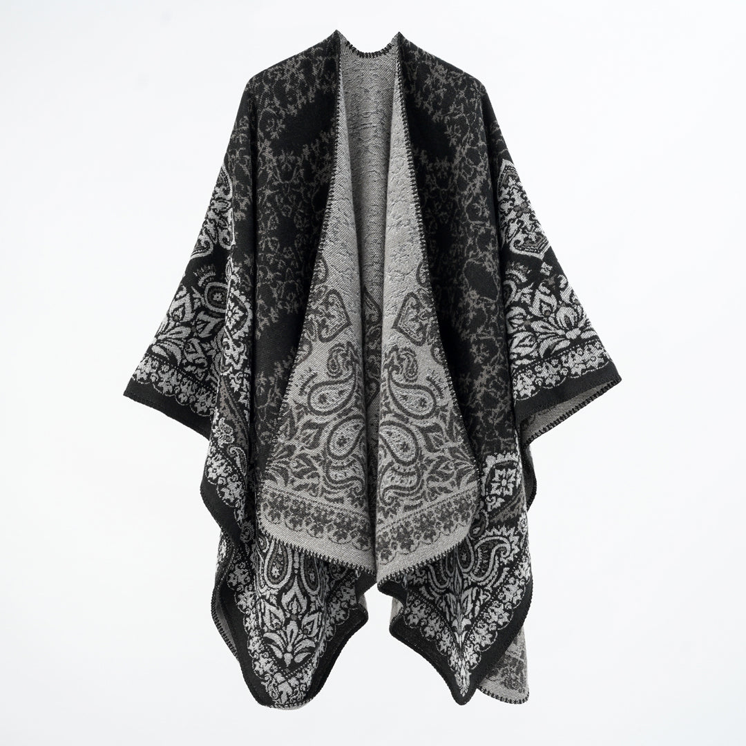 Damen Überwurfponcho im Double-Face‑Jacquard mit Paisley‑Inspiration und Zierstichkante Drune