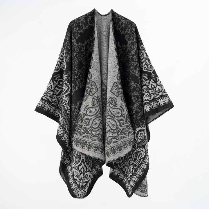 Damen Überwurfponcho im Double-Face‑Jacquard mit Paisley‑Inspiration und Zierstichkante Drune