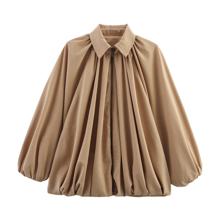 Damen Oversize Plissée-Hemdbluse mit Frontreißverschluss, Kellerfalten und Ballonärmeln Drune