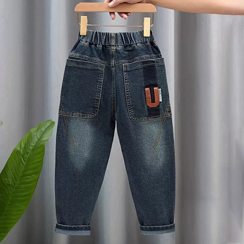 Unisex modische Denim-Hose mit elastischem Bund und großen Taschen Drune