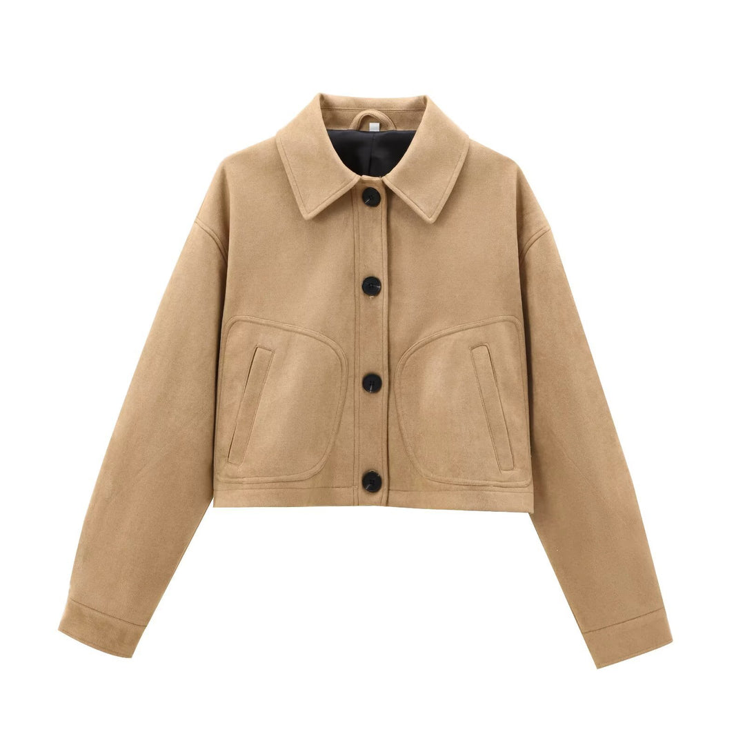 Damen Cropped-Boxy-Übergangsjacke in Veloursoptik mit Hemdkragen und aufgesetzten Taschen Drune
