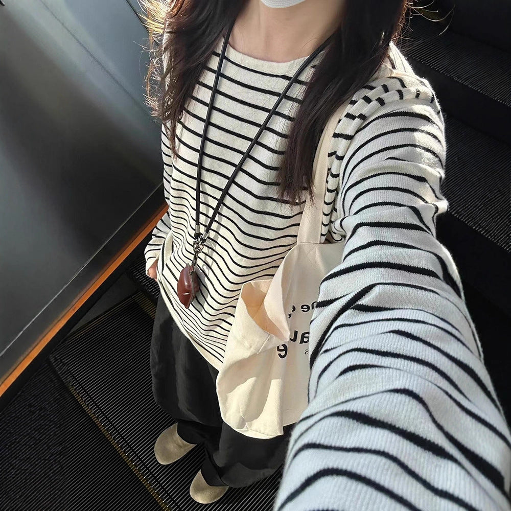 Damen lässiges Langarmshirt mit breiten Streifen Drune