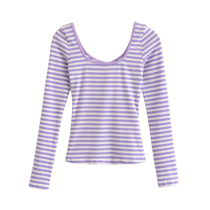 Damen Gestreiftes Langarmshirt mit tiefem Rundhalsausschnitt und Zierschleife Drune