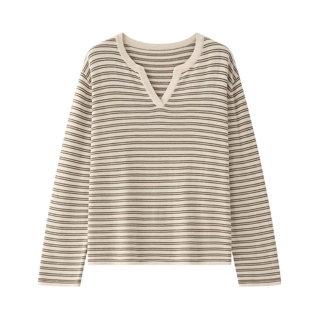Damen Gestreiftes Oversize-Langarmshirt mit V-Ausschnitt und lässiger Silhouette Drune