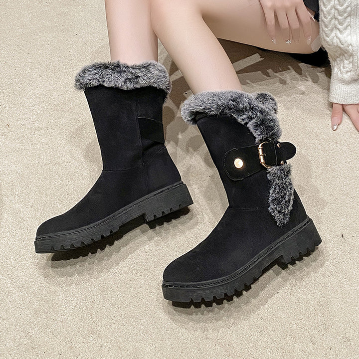 Damen Warmfutter-Stiefel mit modischem Fellkragen und eleganter Schnalle Drune