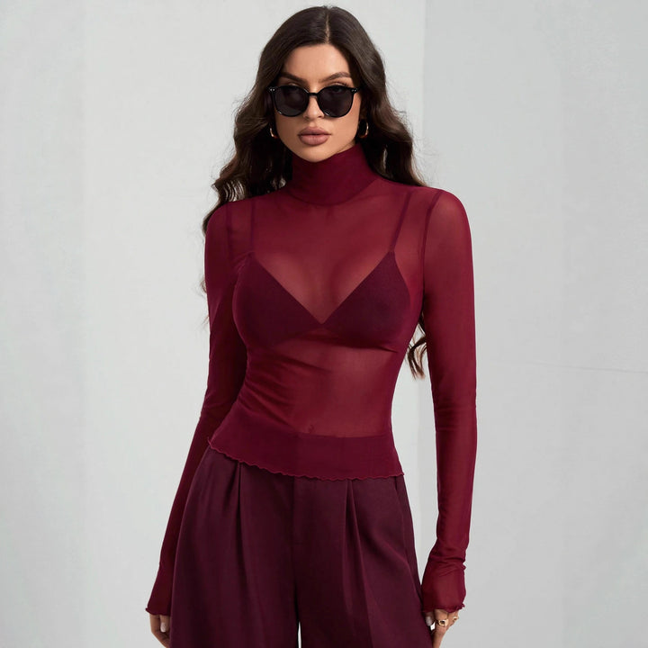 Damen nan feines transparentes Mesh-Langarmtop mit Rollkragen und figurbetonter Passform Drune