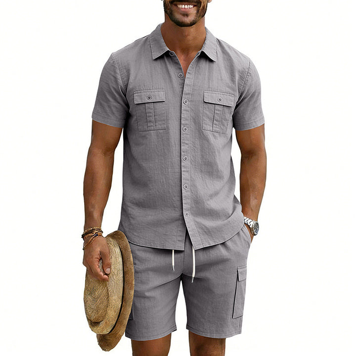 Herren nan sommerliches Freizeitset aus Baumwoll-Leinenmix mit Kurzarm-Hemd und Cargo-Shorts Drune