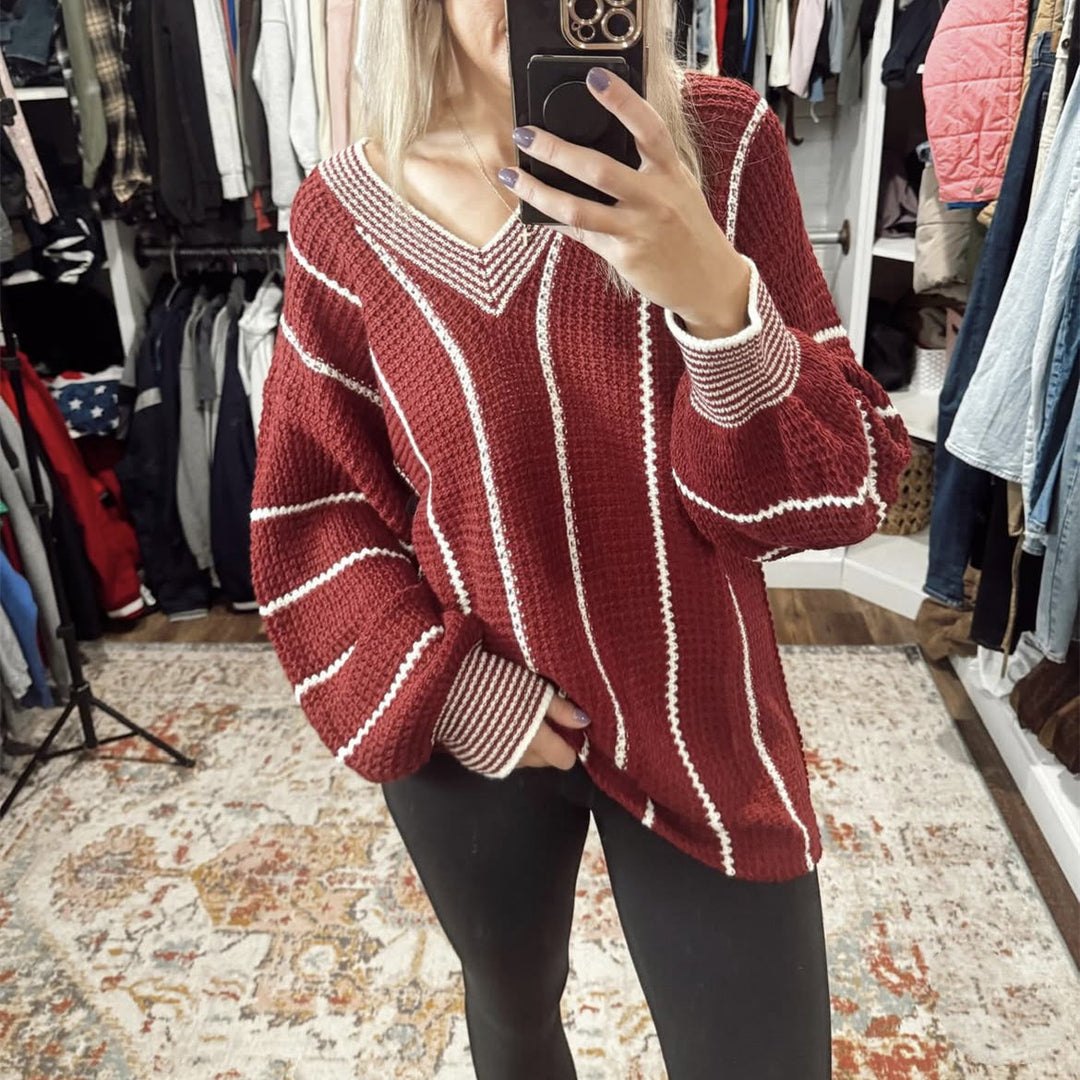 Damen Cropped Strickpullover mit V-Ausschnitt, Waffelstruktur und kontrastierenden Streifen Drune