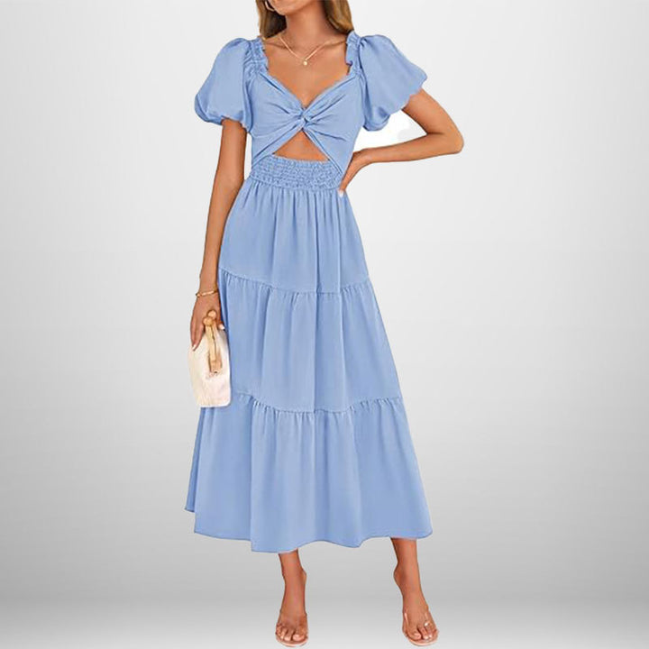 Damen Midi-Kleid mit floralem Twist und elastischem Taillengummi Drune