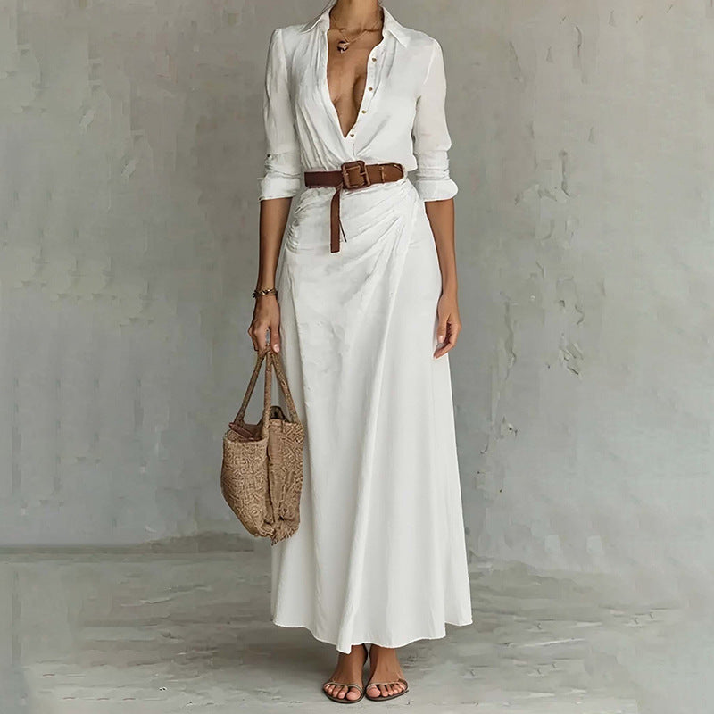 Damen Maxi-Kleid mit tiefem V-Ausschnitt und taillierenden Details Drune
