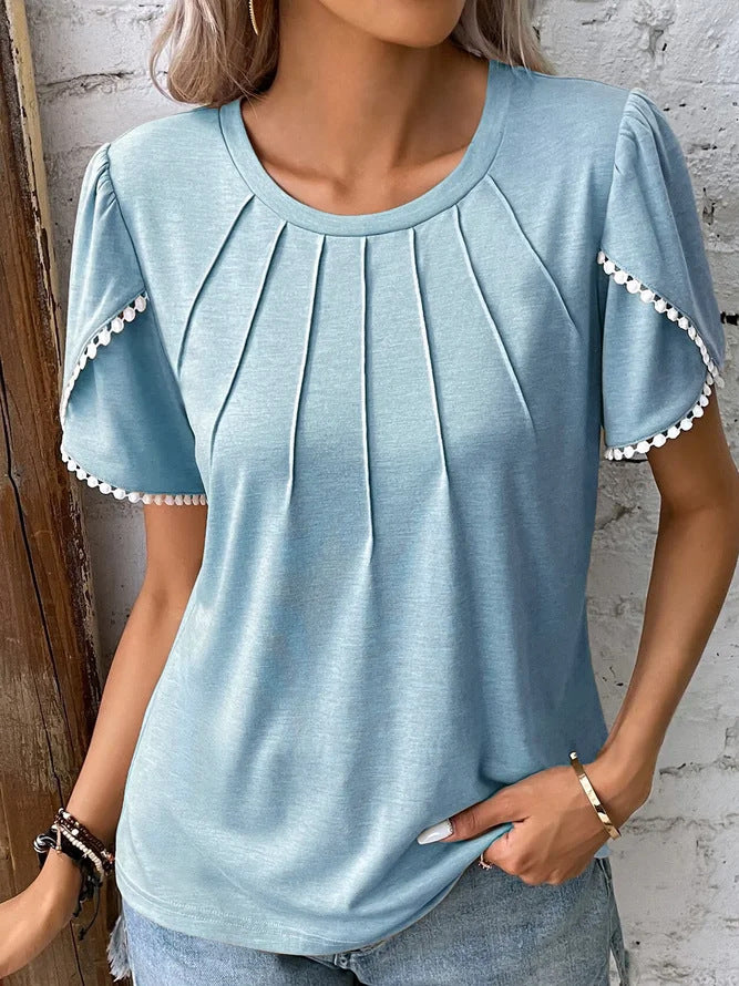Damen nan Rundhals-Shirt mit dekorativer Kellerfalten-Front, Flatterärmeln und Pompon-Borte Drune