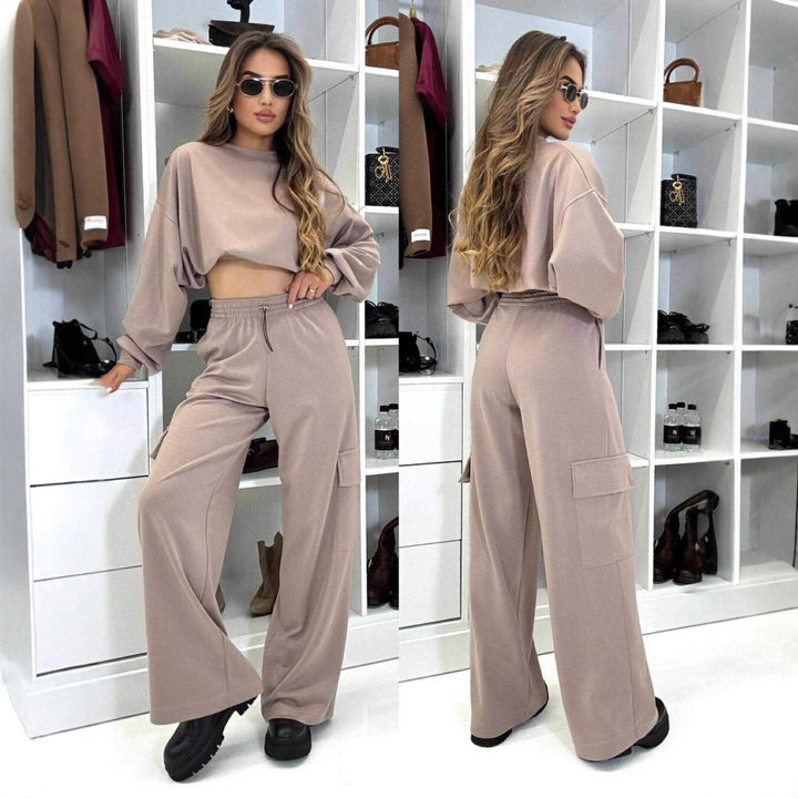 Damen kurzes Oversize-Sweatshirt mit weitem Cargo-Hose Lounge-Set Drune