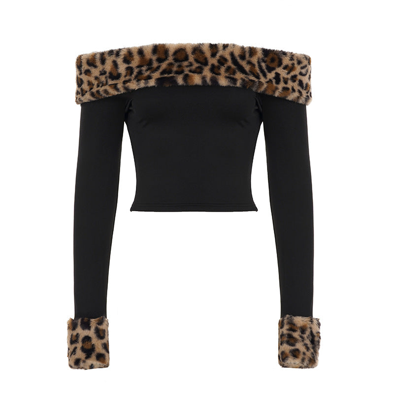 Damen nan schulterfreies Crop-Top mit kunstfellkragen und Manschetten im Leopardenmuster Drune