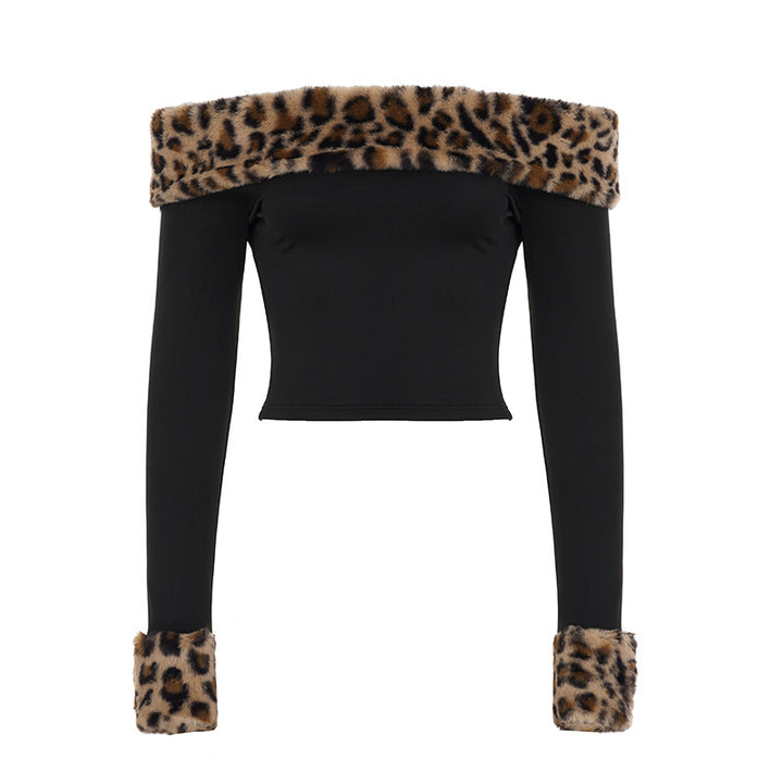 Damen nan schulterfreies Crop-Top mit kunstfellkragen und Manschetten im Leopardenmuster Drune